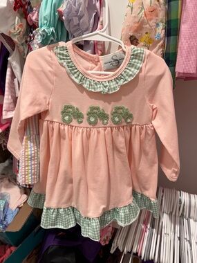 Southern Grace Pink Dress with Green Gingham Ruffle and Tractor Smocking